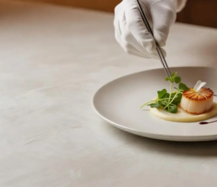 Séf elegáns főételt tálal egy gourmet vacsora részeként