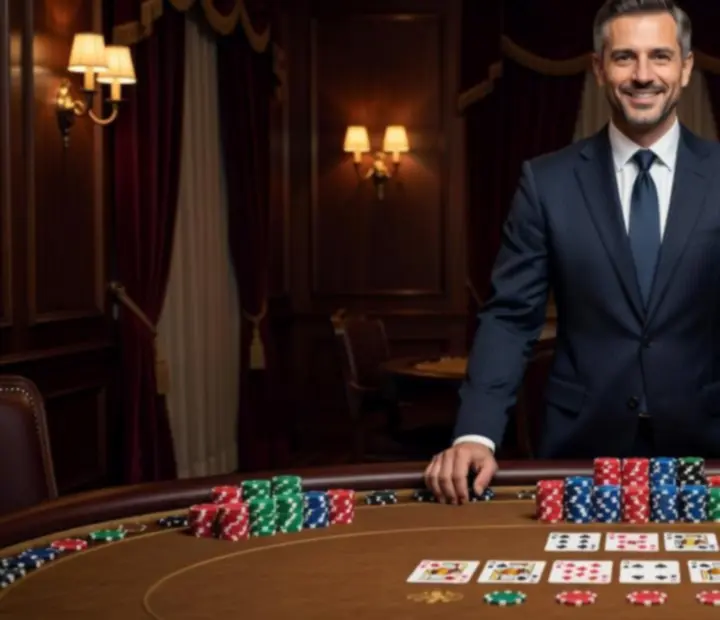 Elegáns ruházatú dealer, aki offline póker estére invitál