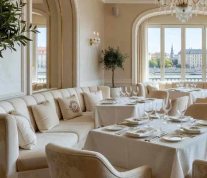 Elegáns, napfényes éttermi enteriőr champagne árnyalatokkal