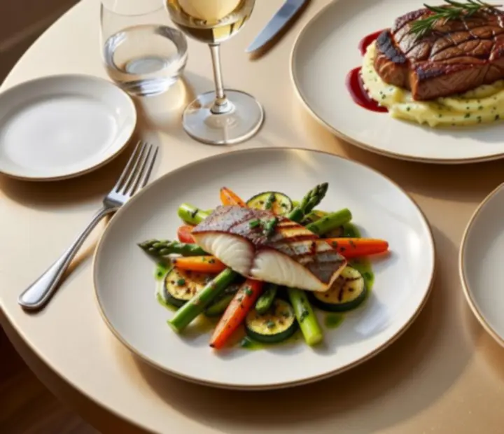 Elegáns főételek tálalása a Harvestroom Dining étteremasztalain