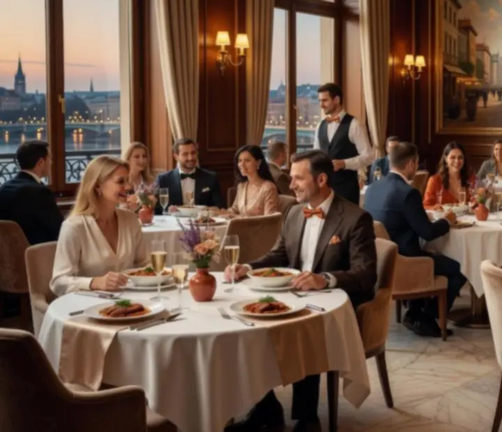 Elegáns, gyertyafényes éttermi este terített asztalokkal és meghitt hangulattal