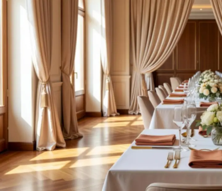 Elegáns magánterem terített asztalokkal, meleg fényekkel és champagne árnyalatú dekorációval.