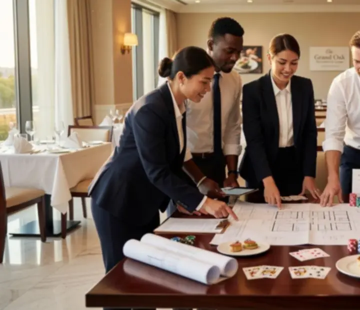Event-manager csapat megbeszélést tart egy elegáns rendezvénytérben, jegyzetekkel és alaprajzzal az asztalon.